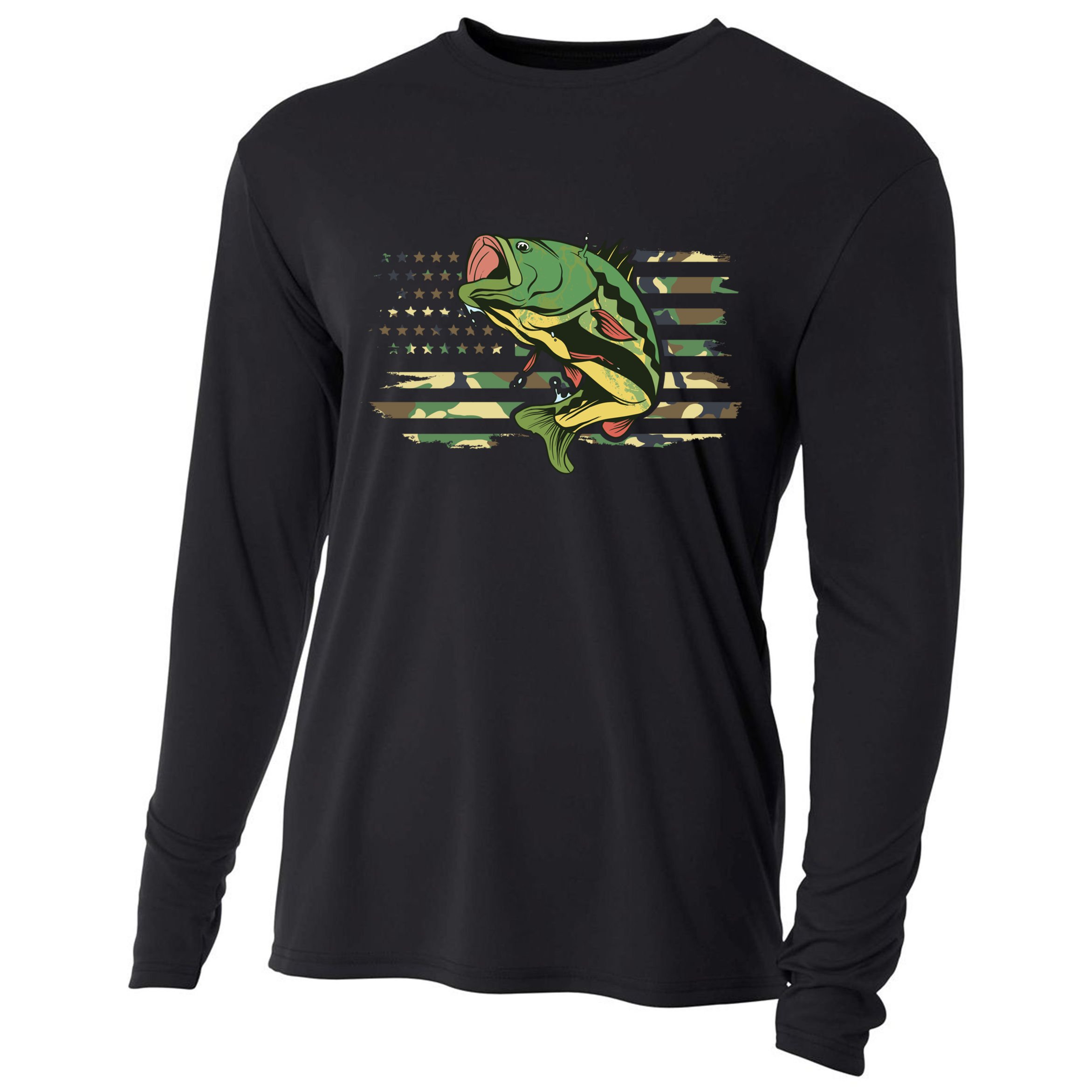 Patriotic Bass Fishing American Flag Fish Fisher Gift Cooling Performance Long Sleeve Crew