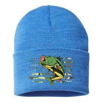 Patriotic Bass Fishing American Flag Fish Fisher Gift Sustainable Knit Beanie