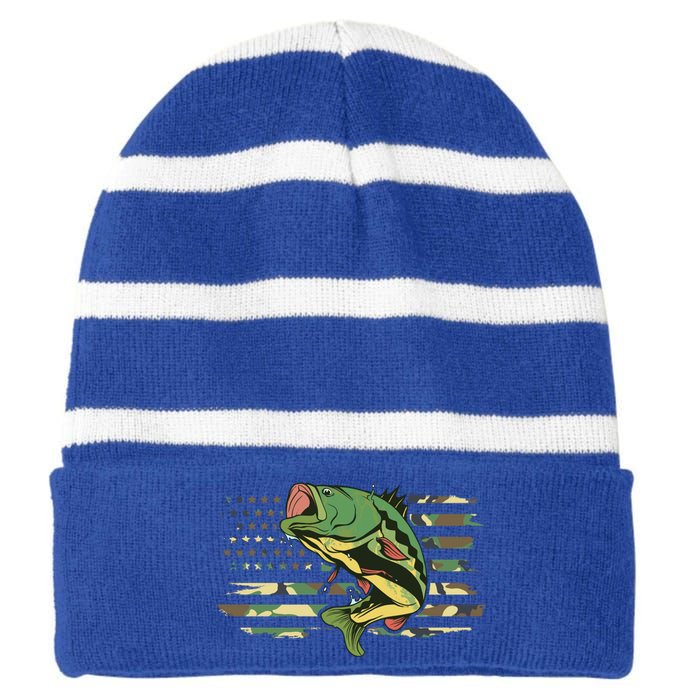 Patriotic Bass Fishing American Flag Fish Fisher Gift Striped Beanie with Solid Band