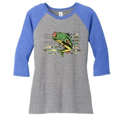 Patriotic Bass Fishing American Flag Fish Fisher Gift Women's Tri-Blend 3/4-Sleeve Raglan Shirt