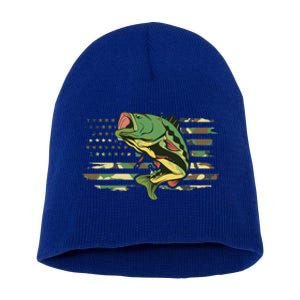 Patriotic Bass Fishing American Flag Fish Fisher Gift Short Acrylic Beanie