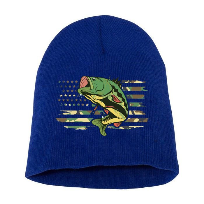 Patriotic Bass Fishing American Flag Fish Fisher Gift Short Acrylic Beanie