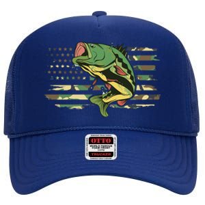 Patriotic Bass Fishing American Flag Fish Fisher Gift High Crown Mesh Back Trucker Hat