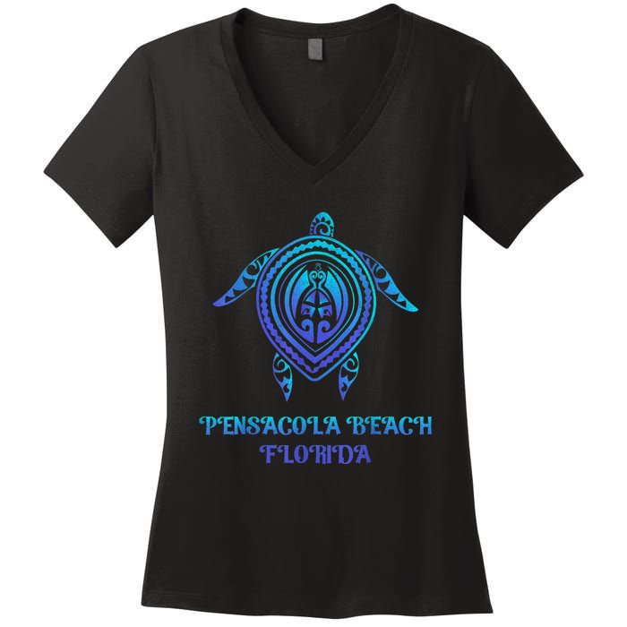 Pensacola Beach Florida Beach Souvenirs Sea Turtle Tribal Women's V-Neck T-Shirt