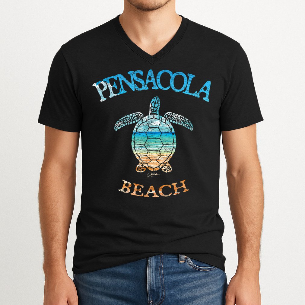 Pensacola Beach, FL, Sea Turtle V-Neck T-Shirt