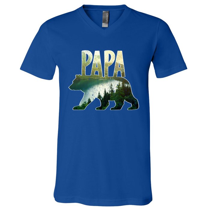 Papa Bear Forest Lake Mountain Scene Outdoors FatherS Day Gift V-Neck T-Shirt