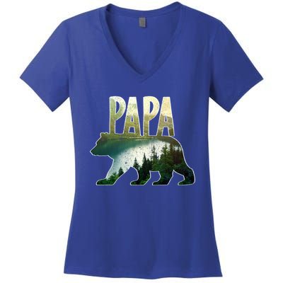 Papa Bear Forest Lake Mountain Scene Outdoors FatherS Day Gift Women's V-Neck T-Shirt