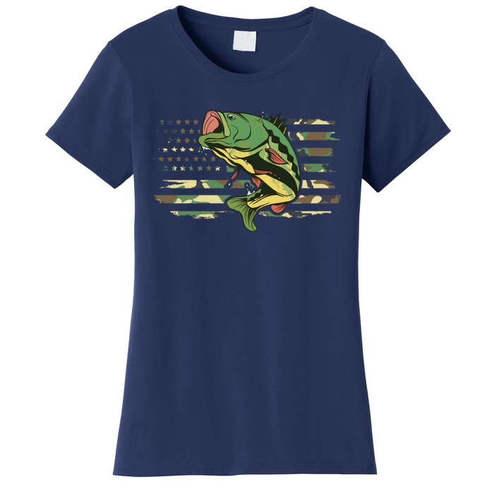 Patriotic Bass Fishing American Flag Fish Fisherman Gift Women's T-Shirt