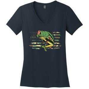 Patriotic Bass Fishing American Flag Fish Fisherman Gift Women's V-Neck T-Shirt