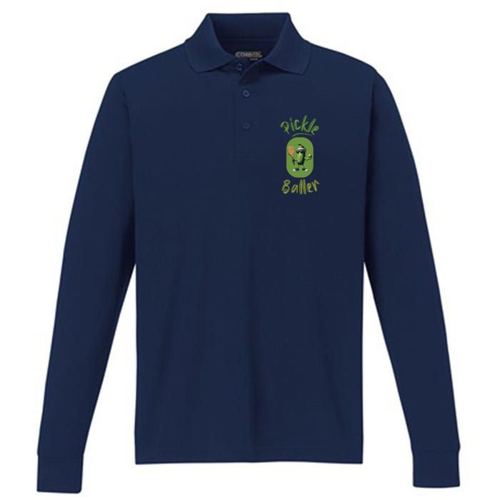 Pickle Baller Funny Pickleball Performance Long Sleeve Polo