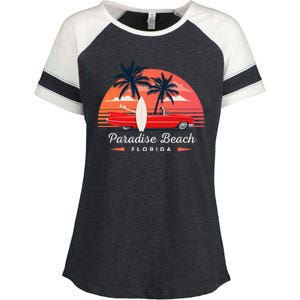 Paradise Beach Florida Sunset Retro Car Enza Ladies Jersey Colorblock Tee