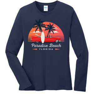 Paradise Beach Florida Sunset Retro Car Ladies Long Sleeve Shirt