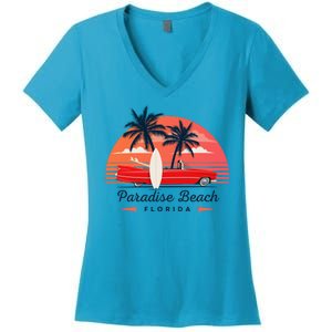 Paradise Beach Florida Sunset Retro Car Women's V-Neck T-Shirt