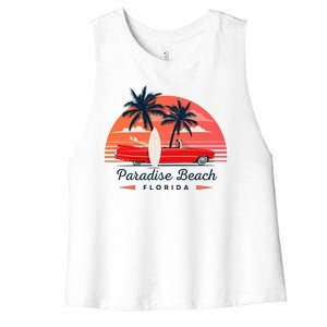 Paradise Beach Florida Sunset Retro Car Women's Racerback Cropped Tank