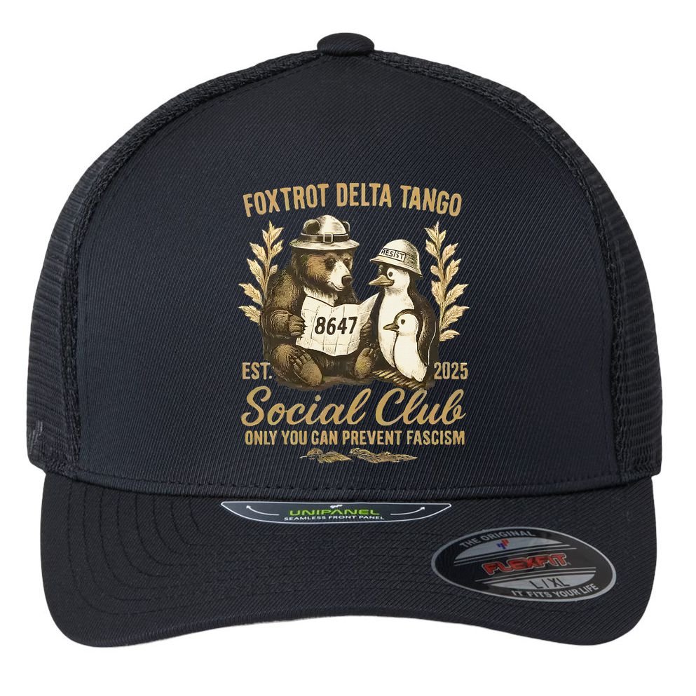 Penguin Bear Foxtrots Delta Tangos Activism Against Tariffs Flexfit Unipanel Trucker Cap