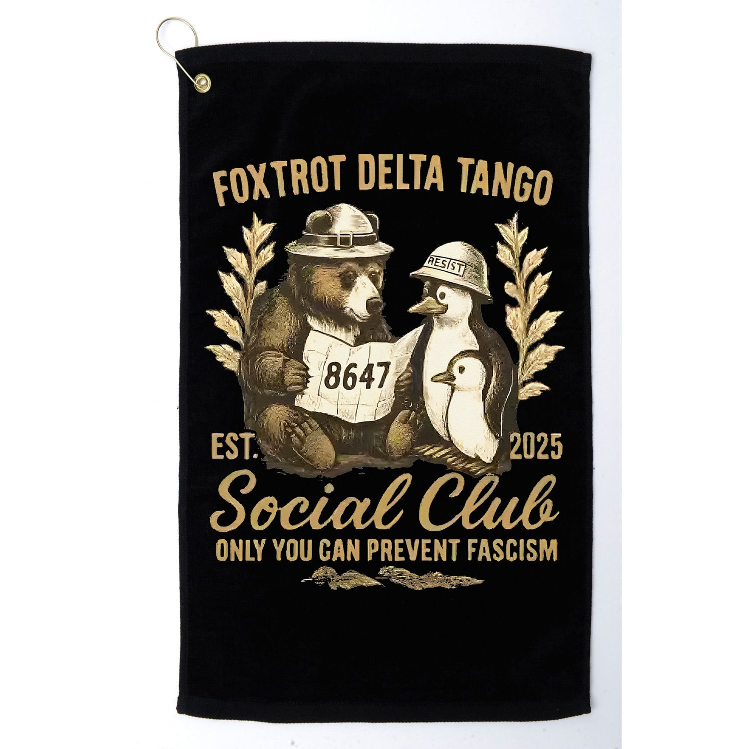 Penguin Bear Foxtrots Delta Tangos Activism Against Tariffs Golf Towel