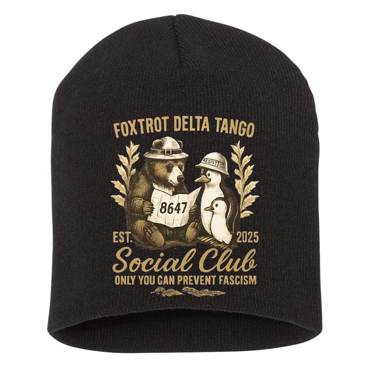 Penguin Bear Foxtrots Delta Tangos Activism Against Tariffs Short Acrylic Beanie
