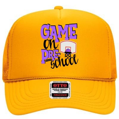 Preschool Basketball First Day Of School Sports Purple Gift High Crown Mesh Back Trucker Hat