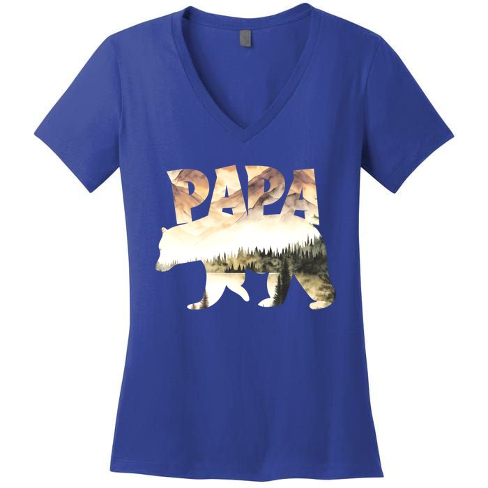 Papa Bear Forest Lake Mountain Scene Outdoors FatherS Day Gift Women's V-Neck T-Shirt