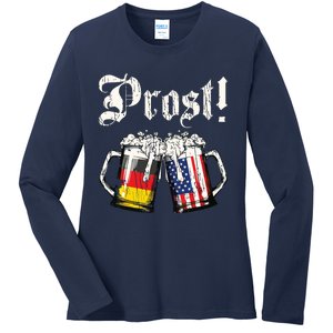 Prost Beer German American Flag Oktoberfest Mug Ladies Long Sleeve Shirt