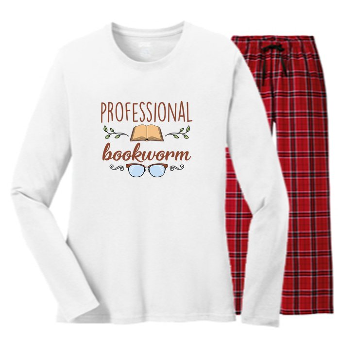 Professional Bookworm Glasses Reading Books Gift Cute Reading Women's Long Sleeve Flannel Pajama Set 