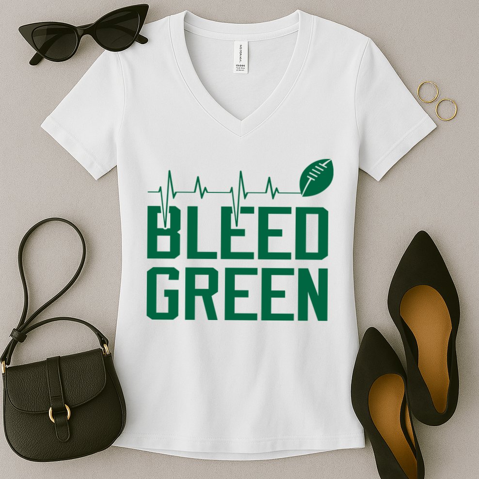 Bleed Green Football Team heart beat Women's V-Neck T-Shirt