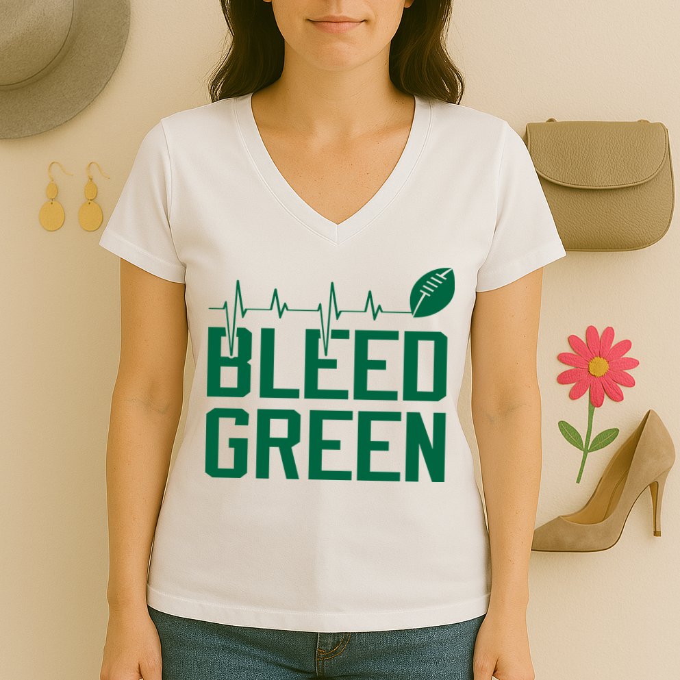 Bleed Green Football Team heart beat Women's V-Neck T-Shirt