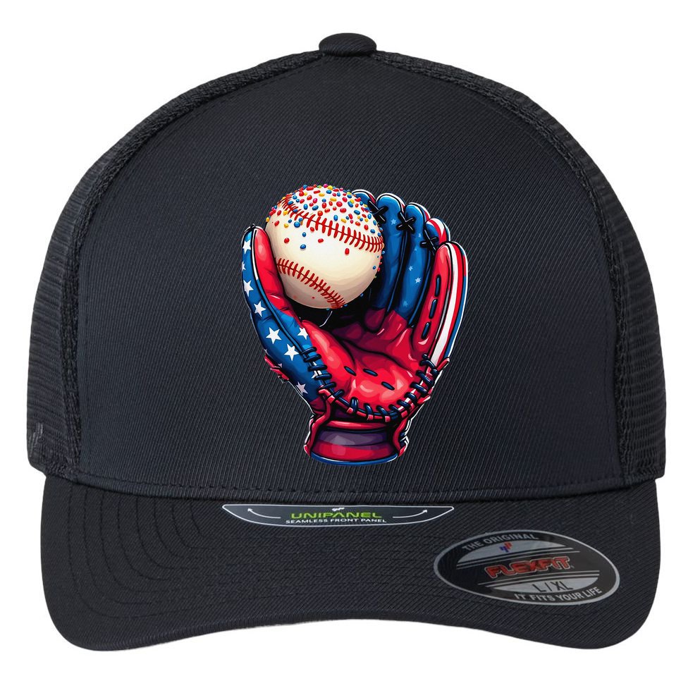 Patriotic Baseball Glove Drip Ice Cream Sprinkles 4th July Flexfit Unipanel Trucker Cap