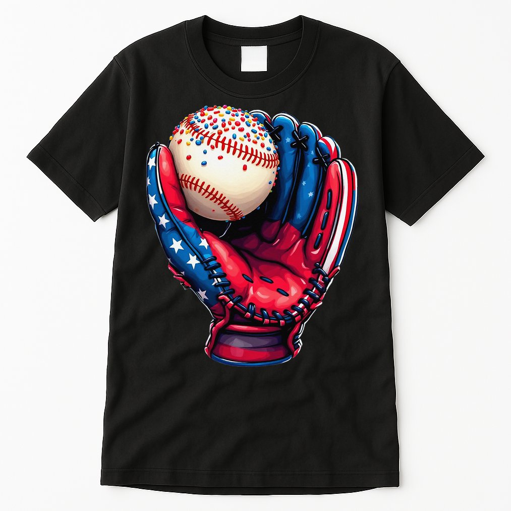 Patriotic Baseball Glove Drip Ice Cream Sprinkles 4th July Tall T-Shirt