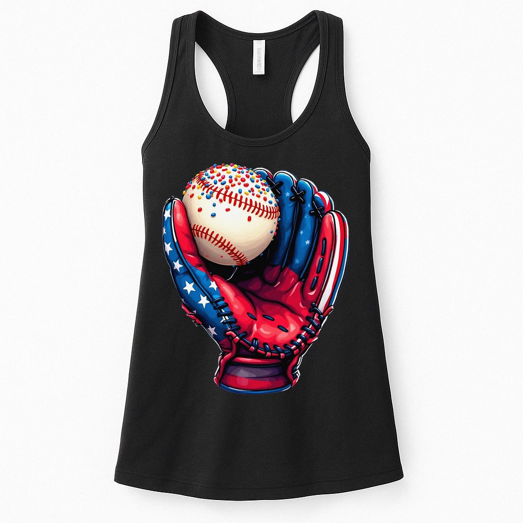 Patriotic Baseball Glove Drip Ice Cream Sprinkles 4th July Womens Tank Top