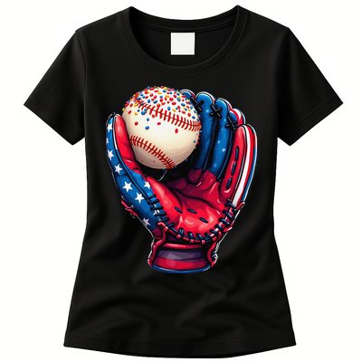 Patriotic Baseball Glove Drip Ice Cream Sprinkles 4th July Womens T-Shirt