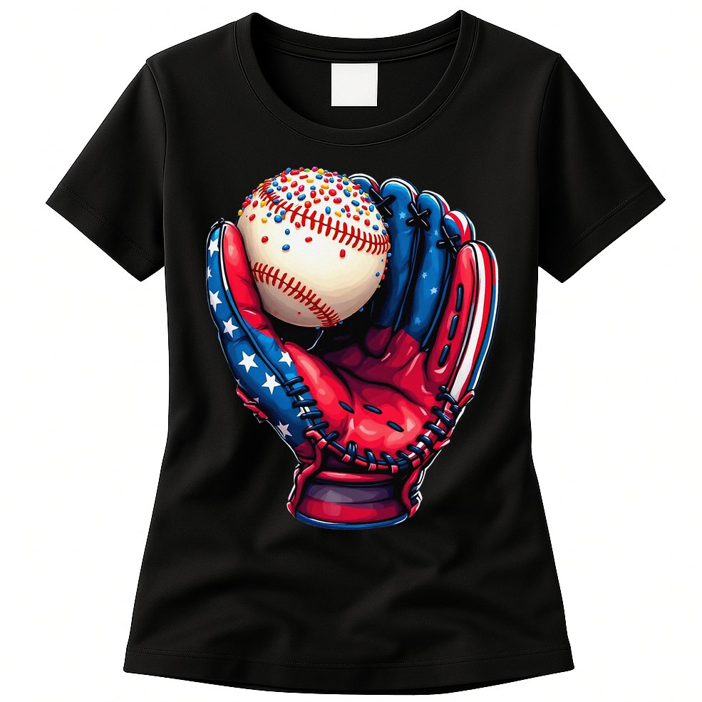 Patriotic Baseball Glove Drip Ice Cream Sprinkles 4th July Womens T-Shirt