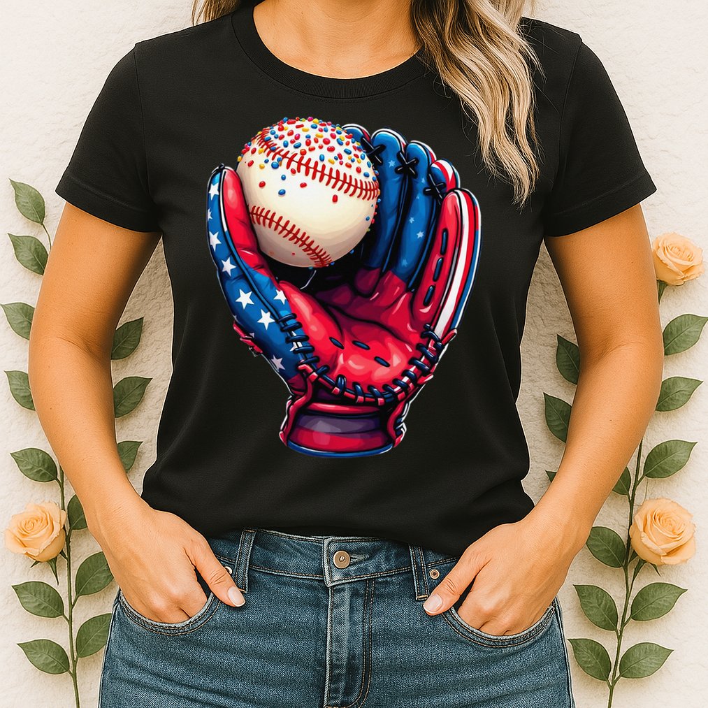 Patriotic Baseball Glove Drip Ice Cream Sprinkles 4th July Womens T-Shirt