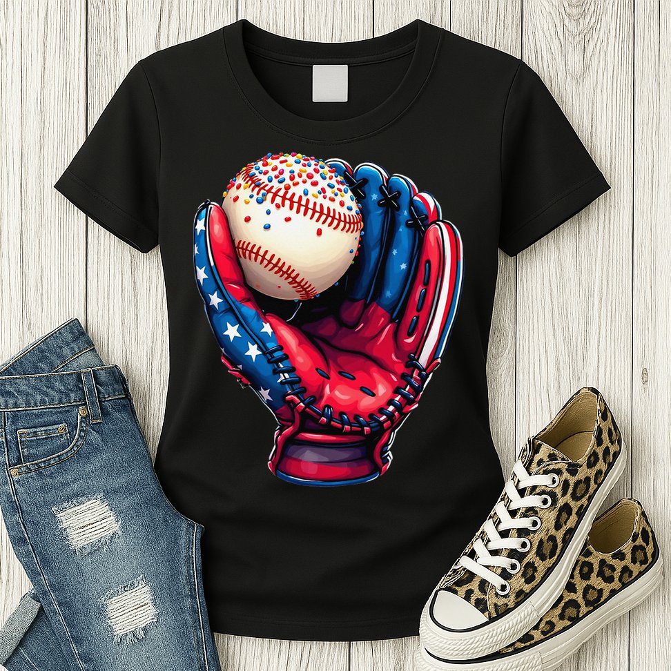 Patriotic Baseball Glove Drip Ice Cream Sprinkles 4th July Womens T-Shirt