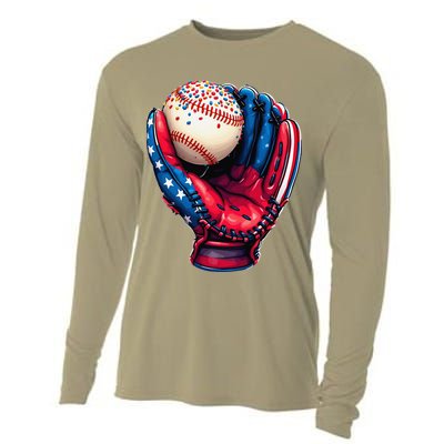 Patriotic Baseball Glove Drip Ice Cream Sprinkles 4th July Cooling Performance Long Sleeve Crew