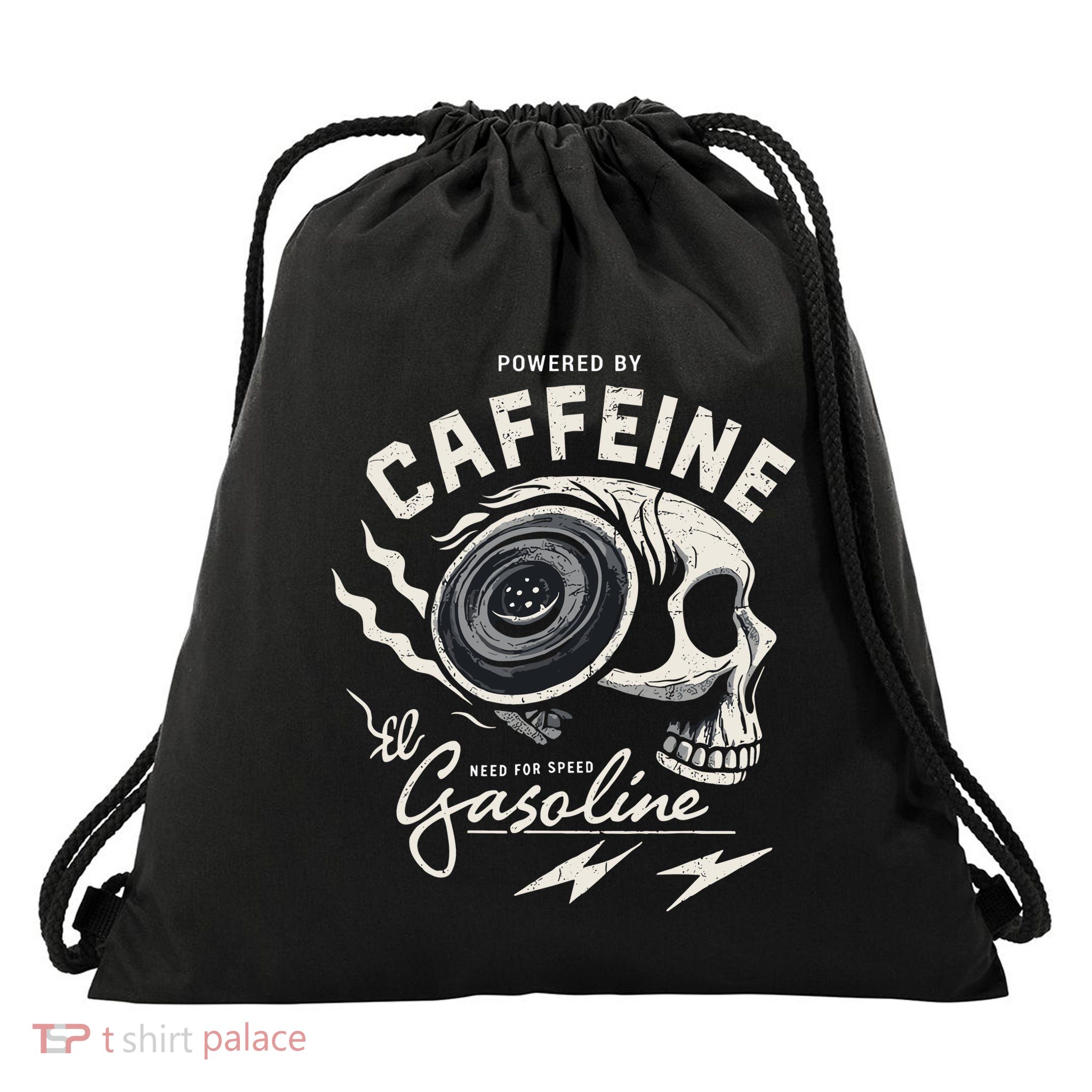 Powered By Gasoline And Caffeine Drawstring Bag