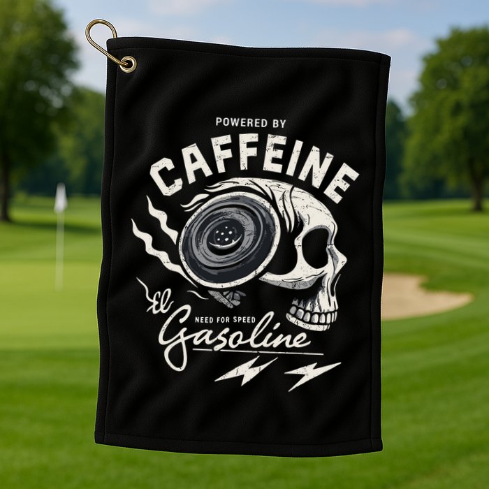 Powered By Gasoline And Caffeine Golf Towel