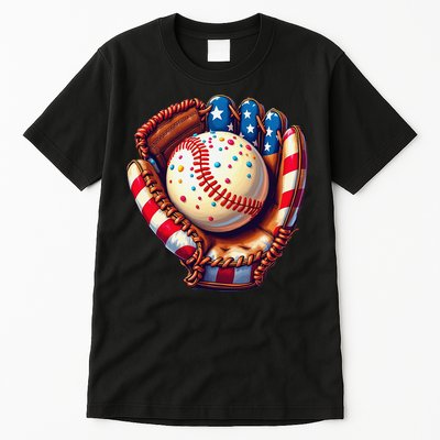 Patriotic Baseball Glove Drip Ice Cream Sprinkles 4th July Tall T-Shirt