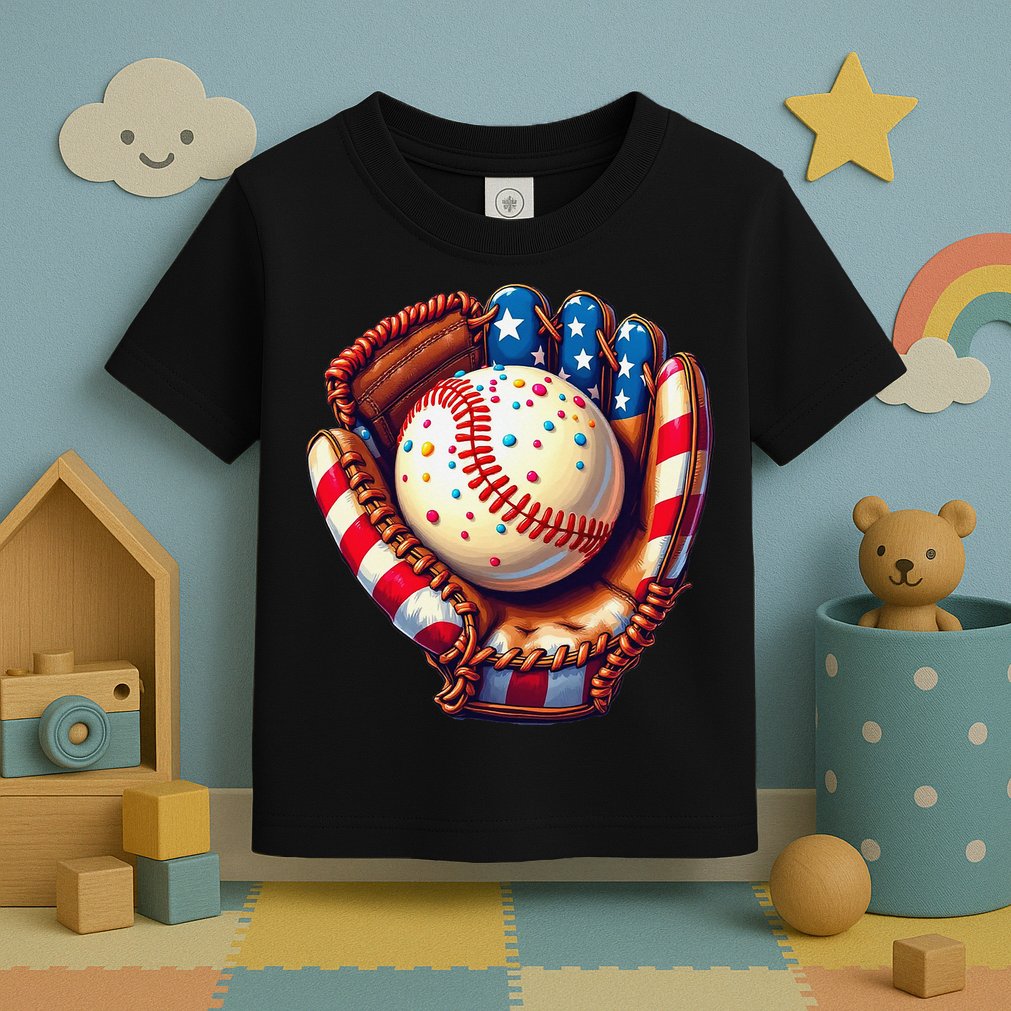 Patriotic Baseball Glove Drip Ice Cream Sprinkles 4th July Toddler T-Shirt