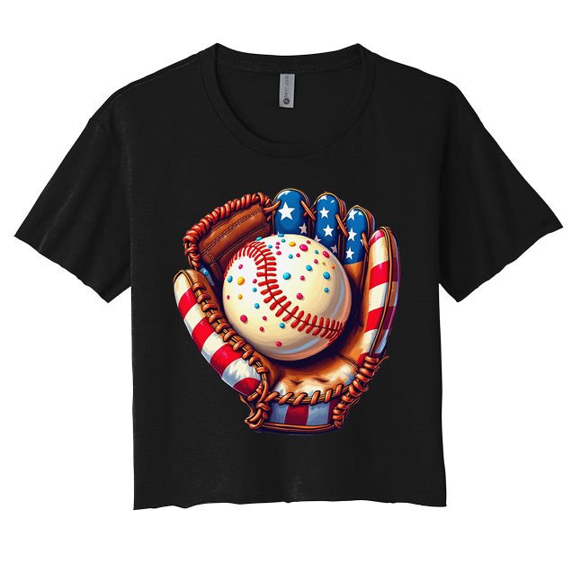 Patriotic Baseball Glove Drip Ice Cream Sprinkles 4th July Crop Top
