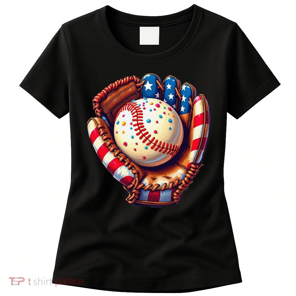 Patriotic Baseball Glove Drip Ice Cream Sprinkles 4th July Womens T-Shirt