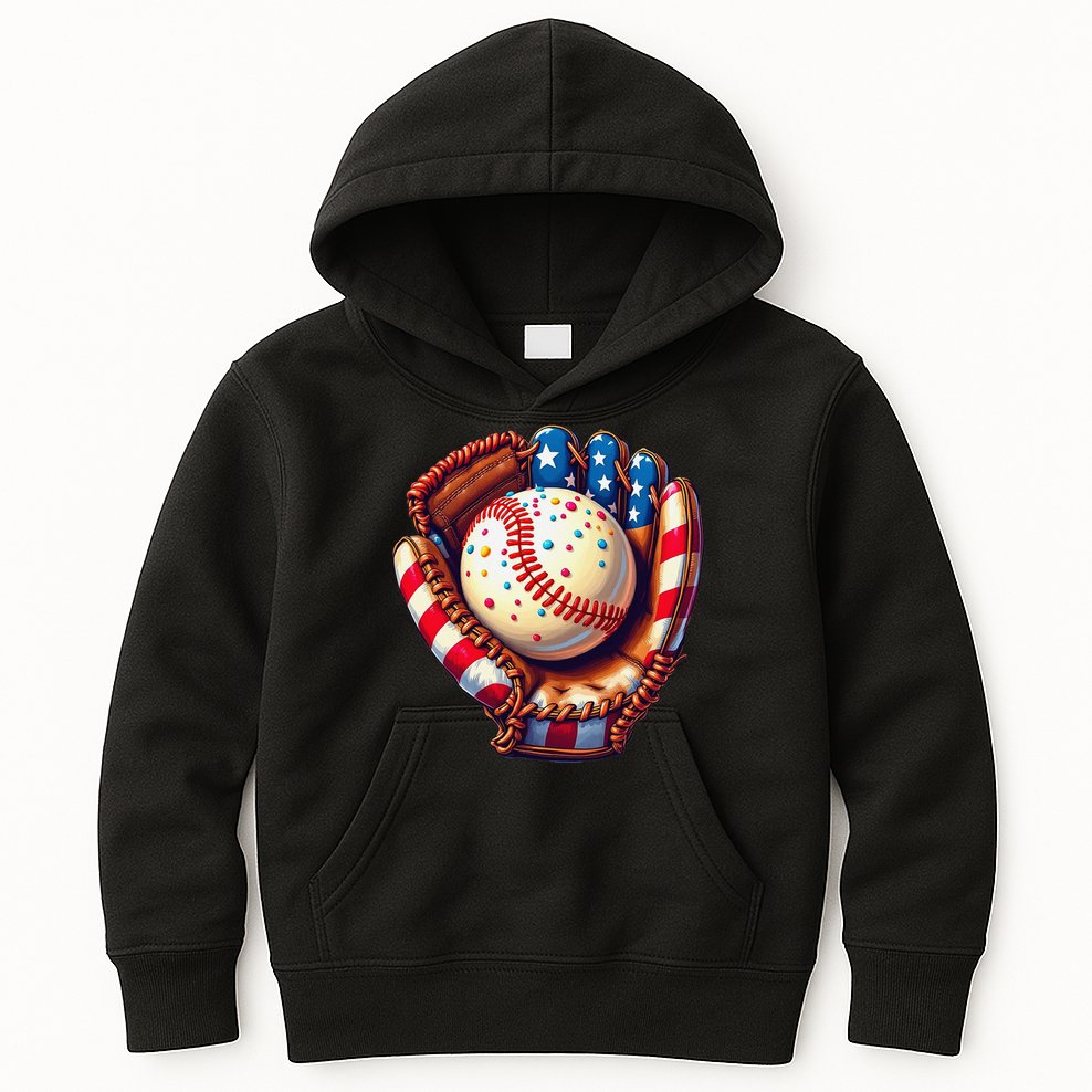 Patriotic Baseball Glove Drip Ice Cream Sprinkles 4th July Kids Hoodie