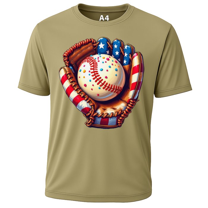 Patriotic Baseball Glove Drip Ice Cream Sprinkles 4th July Cooling Performance Crew T-Shirt
