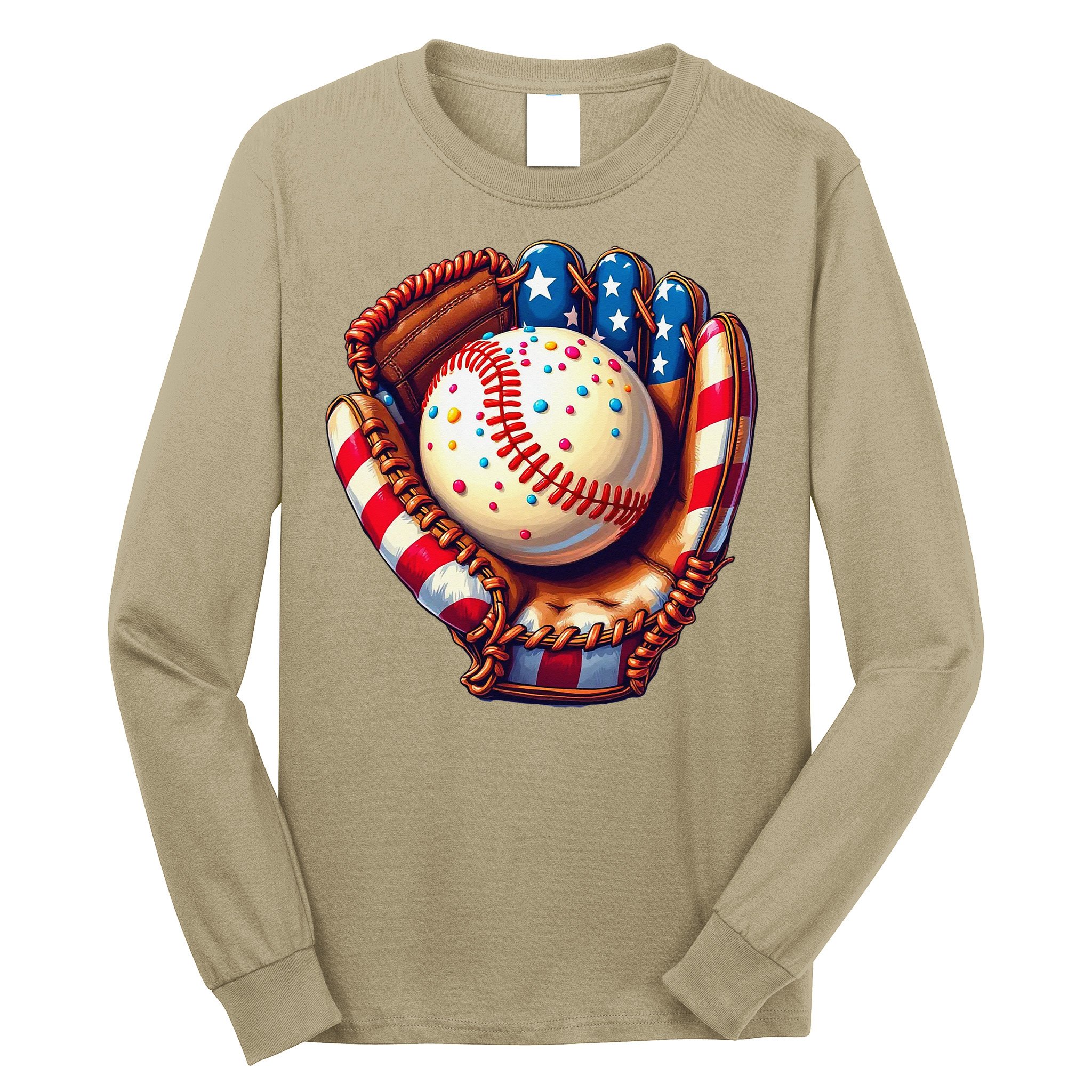 Patriotic Baseball Glove Drip Ice Cream Sprinkles 4th July Long Sleeve Shirt