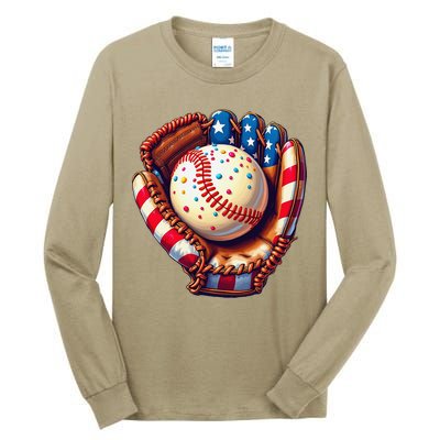 Patriotic Baseball Glove Drip Ice Cream Sprinkles 4th July Tall Long Sleeve T-Shirt