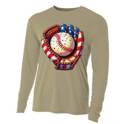 Patriotic Baseball Glove Drip Ice Cream Sprinkles 4th July Cooling Performance Long Sleeve Crew