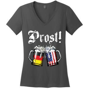 Prost Beer German American Flag Oktoberfest Mug Women's V-Neck T-Shirt