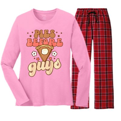 Pies Before Guys Funny Baby Thanksgiving Vibes Groovy Women's Long Sleeve Flannel Pajama Set 