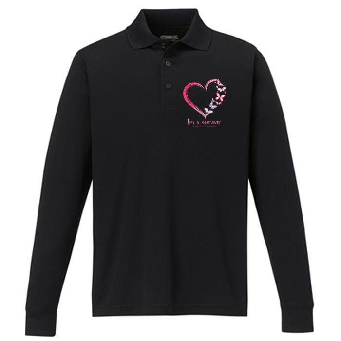 Pink Butterfly Heart Im A Survivor Breast Cancer Awareness Performance Long Sleeve Polo