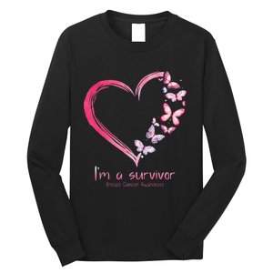 Pink Butterfly Heart Im A Survivor Breast Cancer Awareness Long Sleeve Shirt